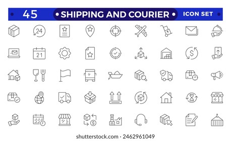 Shipping And Courier icon. Delivery service outline icon set. Containing order tracking, delivery home, warehouse, truck, scooter, courier Sea Air, Date, Return Search Parcel,  and cargo icons.
