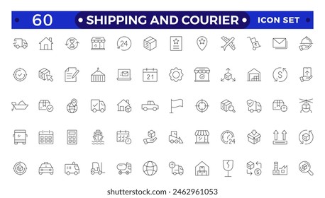 Shipping And Courier icon. Delivery service outline icon set. Containing order tracking, delivery home, warehouse, truck, scooter, courier Sea Air, Date, Return Search Parcel,  and cargo icons.
