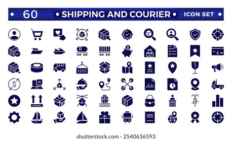 Shipping And Courier icon. Delivery service solid con set. Containing order tracking, delivery home, warehouse, truck, scooter, courier Sea Air, Date, Return Search Parcel,  and cargo icons.