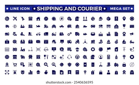 Shipping And Courier icon. Delivery service solid con set. Containing order tracking, delivery home, warehouse, truck, scooter, courier Sea Air, Date, Return Search Parcel,  and cargo icons.