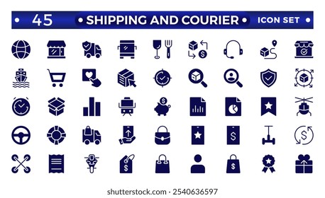 Shipping And Courier icon. Delivery service solid con set. Containing order tracking, delivery home, warehouse, truck, scooter, courier Sea Air, Date, Return Search Parcel,  and cargo icons.