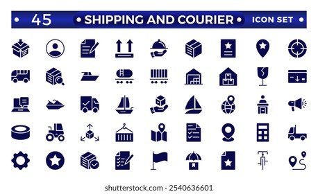 Shipping And Courier icon. Delivery service solid con set. Containing order tracking, delivery home, warehouse, truck, scooter, courier Sea Air, Date, Return Search Parcel,  and cargo icons.
