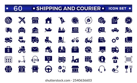 Shipping And Courier icon. Delivery service solid con set. Containing order tracking, delivery home, warehouse, truck, scooter, courier Sea Air, Date, Return Search Parcel,  and cargo icons.