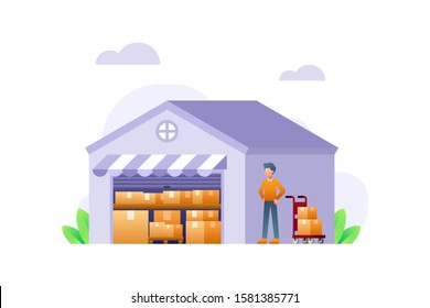 A Shipping Courier Is Loading And Unloading Boxes From Warehouse Or Storehouse To Trolley. Delivery Vector Illustration For Background And Banner Element 