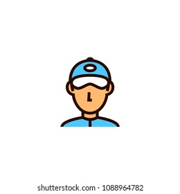 shipping courier man icon. delivery worker wearing hat symbol. simple clean thin outline style design.