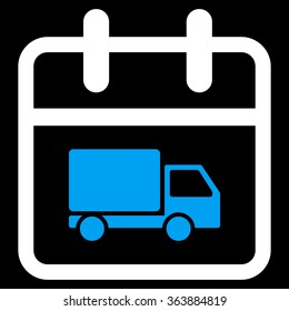 Shipping Date vector icon. Style is bicolor flat symbol, blue and white colors, rounded angles, black background.