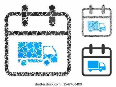 Shipping day composition of rough elements in variable sizes and shades, based on shipping day icon. Vector rough dots are combined into composition. Shipping day icons collage with dotted pattern.
