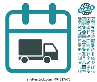 Shipping Day icon with bonus calendar and time management images. Vector illustration style is flat iconic bicolor symbols, soft blue colors, white background.