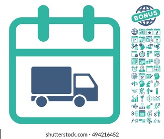 Shipping Day pictograph with bonus calendar and time management clip art. Vector illustration style is flat iconic bicolor symbols, cobalt and cyan colors, white background.