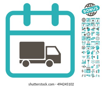 Shipping Day pictograph with bonus calendar and time management icon set. Vector illustration style is flat iconic bicolor symbols, grey and cyan colors, white background.