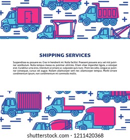 Shipping and delivery banner template with different types of trucks in flat style.