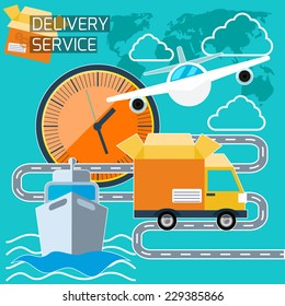 Shipping, delivery car, ship, plane transport on a background map of the world
