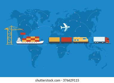 Shipping, delivery car, ship, plane transport on a background map of the world. Delivery vector truck. Delivery service van, ship, train, air. Delivery transport icon. Fast delivery concept. Delivery