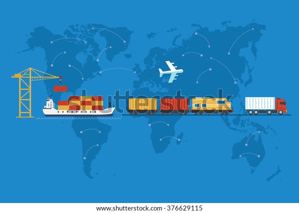 Shipping, delivery car, ship, plane transport on\
a background map of the world. Delivery vector truck. Delivery\
service van, ship, train, air. Delivery transport icon. Fast\
delivery concept.\
Delivery