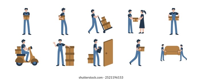 Conjunto de ilustração plana de Caracteres de Entrega. Inclui entrega, remessa, logística, distribuição, produto e muito mais. Ilustração vetorial isolada.