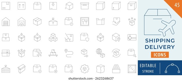 Shipping delivery collection icon set. Containing logistics, supply chain, destination, package, packaging, insurance, and more. Editable stroke. Vector illustration.