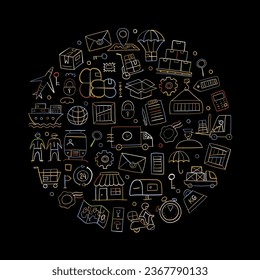 Diseño de diseño y entrega. Marco de círculo colorido sobre fondo negro para su diseño, estilo de contorno. Para presentación, aplicación móvil, web, infografías
