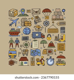 Shipping and delivery concept art. Circle frame background for your design. Flat style. For presentation, mobile application, web, infographics