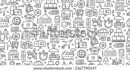 Shipping and delivery concept art. Hand drawn sketch, outline style, black on white. Seamless pattern background for your design