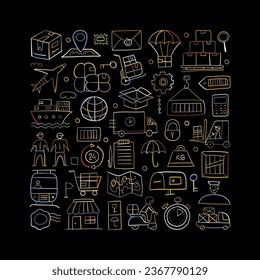 Shipping and delivery concept art. Square frame colorful on black background for your design, outline style. For presentation, mobile application, web, infographics