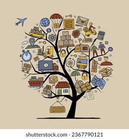 Shipping and delivery concept art tree in flat style. Isolated on beige background for your design. Perfect for ads, presentation, mobile application, web, infographics