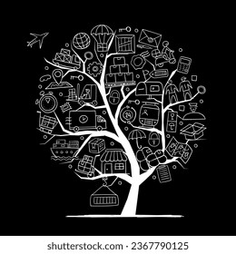 Árbol de arte de concepto de envío y entrega. Aislado sobre fondo negro para tu diseño. Iconos dibujados a mano, estilo de esquema. Perfecto para anuncios, presentaciones, aplicaciones móviles, web, infografías