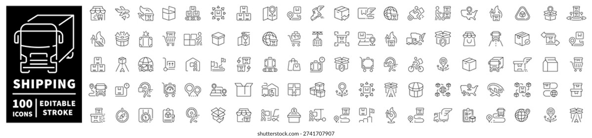 Shipping and delivery editable line icons set. Logistics and package symbols