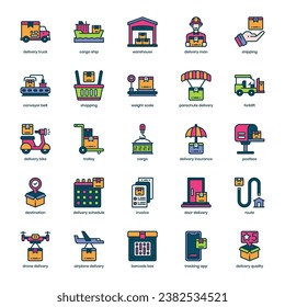 Versand- und Auslieferungssymbolpaket für Ihr Website-Design, Ihr Logo, Ihre App und Ihre Benutzeroberfläche. Das Versand- und Auslieferungssymbol wurde mit Farbdesign ausgefüllt. Vektorgrafik-Illustration und bearbeitbarer Strich.