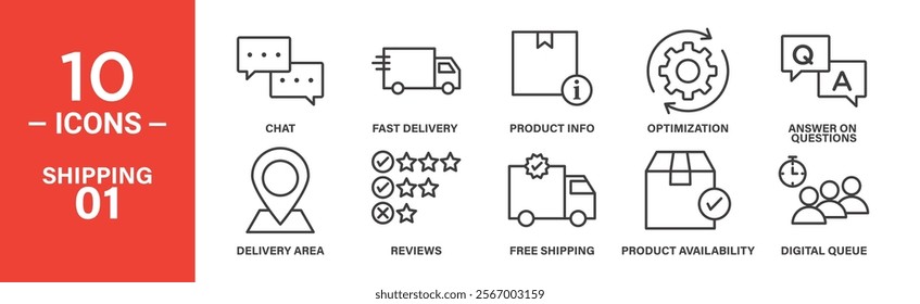 Shipping and Delivery Icon Set: 10 Editable Vector Icons Depicting Fast Delivery, Product Availability, and Customer Support.