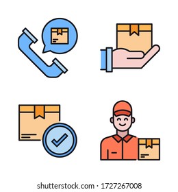 Juego de iconos de envío y entrega (línea rellena) = teléfono, logística de mano, cheque de entrega, correo