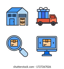 Shipping & Delivery icon set (Filled Line) = warehouse, delivery truck, search logistics, computer ecommerce