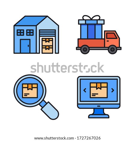 Shipping & Delivery icon set (Filled Line) = warehouse, delivery truck, search logistics, computer ecommerce