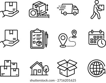 Shipping and delivery icon set, logistics, global transport, packaging, tracking, calendar, location pin, vector illustration for courier services