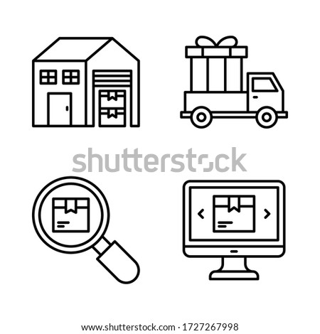 Shipping & Delivery icon set = warehouse, delivery truck, search logistics, computer ecommerce