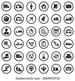 Shipping And Delivery Icons. Black Flat Design In Circle. Vector Illustration.