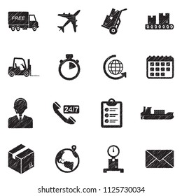 Shipping And Delivery Icons. Black Scribble Design. Vector Illustration.
