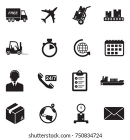 Iconos De Envío Y Entrega. Diseño plano gris. Ilustración vectorial. 
