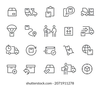 Shipping and Delivery icons set. Courier Delivery, Parcel Courier, Parcel Tracking, Returns, Letter Sending, Shipping Notification, Worldwide Shipping and others.