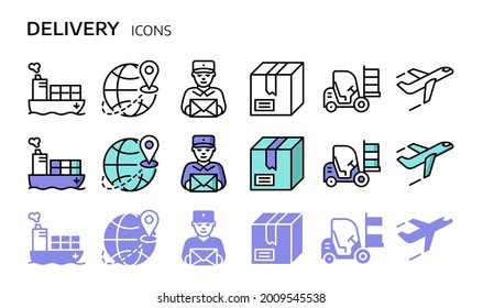 Shipping and delivery icons set. Vector symbols in linear and flat style.