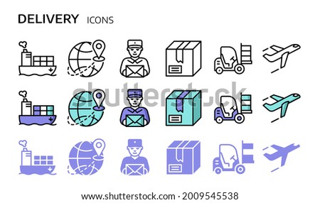 Shipping and delivery icons set. Vector symbols in linear and flat style.