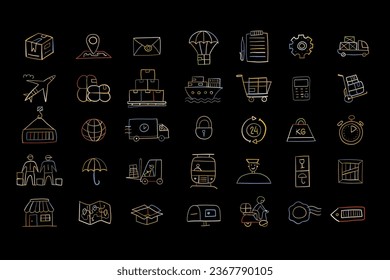 Shipping and delivery icons set for your design. Outline colouring style on black background. For presentation, mobile application, web, infographics