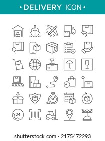 Shipping and delivery icons. Vector set of thin line icons with logistic, shipping and customer service, package protection, return, tracking. Symbol collection for web, application, food delivery