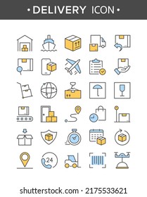 Shipping and delivery icons. Vector set of thin line icons with logistic, shipping and customer service, package protection, return, tracking. Symbol collection for web, application, food delivery