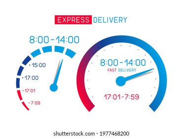 Shipping delivery infographics with text and speedometer on white background. Fast transportation sign symbol concept. Auto vehicle panel clock and speed arrow means express deliver and hours of work