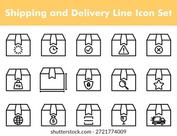 Conjunto de iconos de línea de envío y entrega, Colección de símbolos de paquete logístico que incluye frágil, COD, seguimiento, entrega rápida y Vector de caja segura