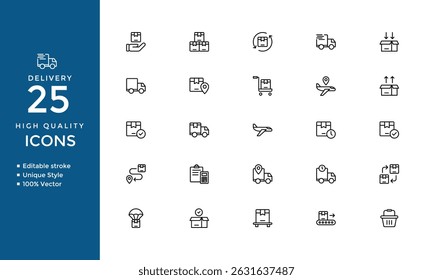 Shipping and Delivery Line Icons – Editable Stroke Package, Courier, Logistics, and Tracking Set