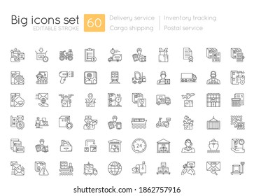 Shipping and delivery linear icons set. Postal services. Logistic industry. Inventory tracking. Customizable thin line contour symbols. Isolated vector outline illustrations. Editable stroke