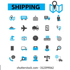 Shipping, delivery, logistics, warehouse, truck, map, distribution, storehouse, transportation, industry, crane, export, import, port, railway, luggage, containter icons, signs concept vector 
