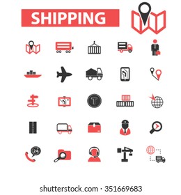 Shipping, delivery, logistics, warehouse, truck, map, distribution, storehouse, transportation, industry, crane, export, import, port, railway, luggage, containter icons, signs concept vector 
