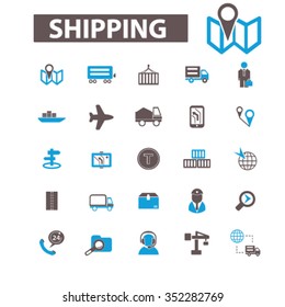 Shipping, delivery, logistics, warehouse, truck, map, distribution, storehouse, transportation, industry, crane, export, import, port, railway, luggage, containter icons, signs concept vector 
